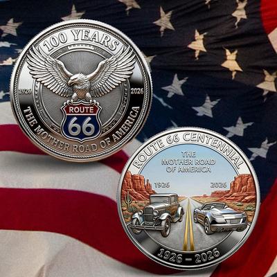 Route 66 – 100 Years of Freedom Commemorative Coin, Collectible Souvenir Coin, Vintage American Road Travel Gift, Motorcycle Classic Car Design, Centennial Keepsake